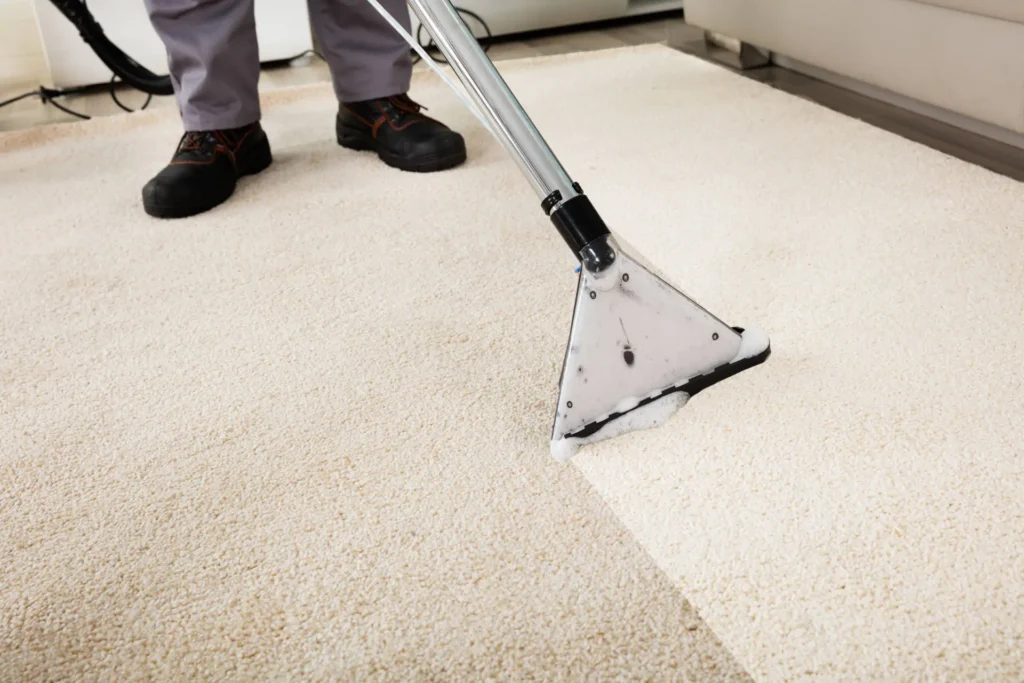 Professional carpet cleaning wand lifting dirt from a cream carpet